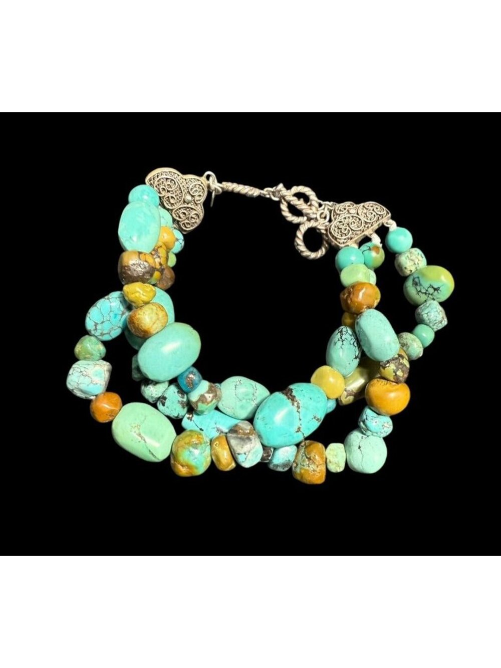 Signed 925 BJ China Turquoise Toggle Bracelet Three Strand Adjustable